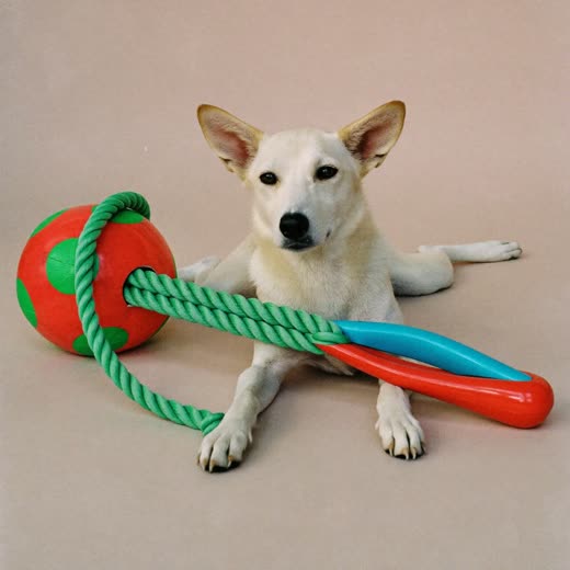 Dog toys, a ball and a rope tug
